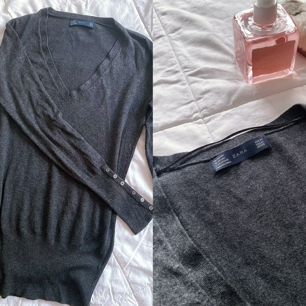 Zara long knit v neck button sleeve sweater